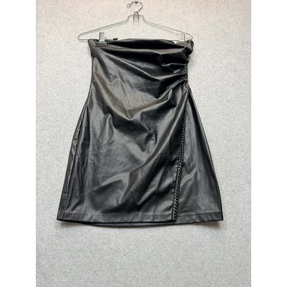 Black Faux Leather Strapless Mini Dress Side Slit Chain Detail Ruched Bodycon